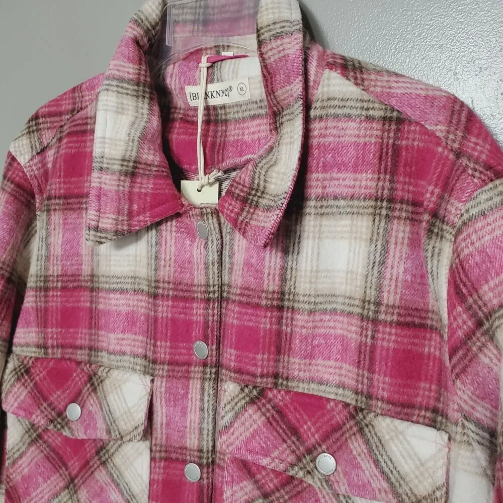 BLANKNYC Shacket Women Size XL Pink Brown Plaid Flannel Snap Buttons New - Picture 2 of 13